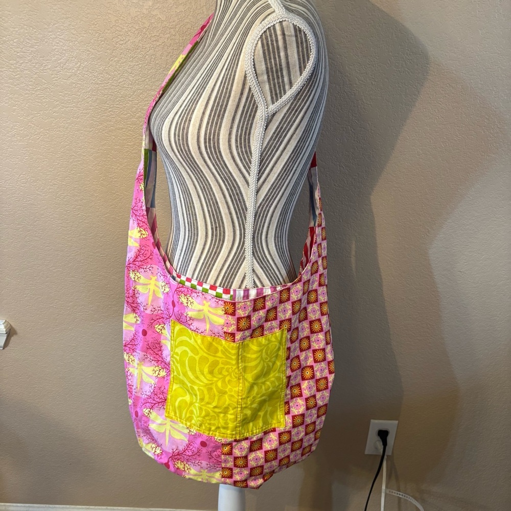 Boho Tote Patchwork Pink Yellow Red Dragonfly Pat… - image 13